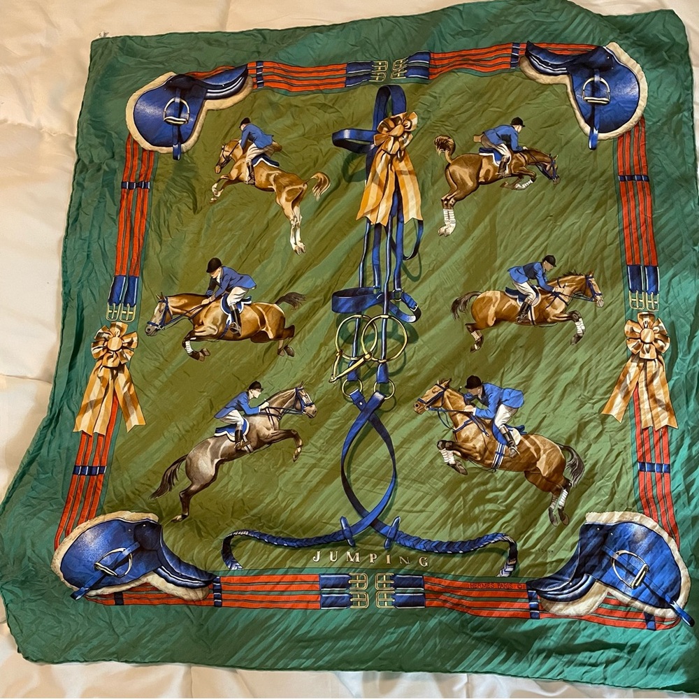 1971 Hermes Jumping Green Equestrian Silk Scarf with Blue, Red & Gold Accents